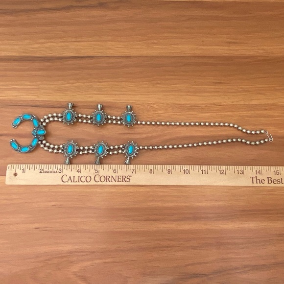 Vintage Faux Turquoise Silver-tone Ball Chain Squash Blossom Necklace 147.7g - Picture 8 of 14